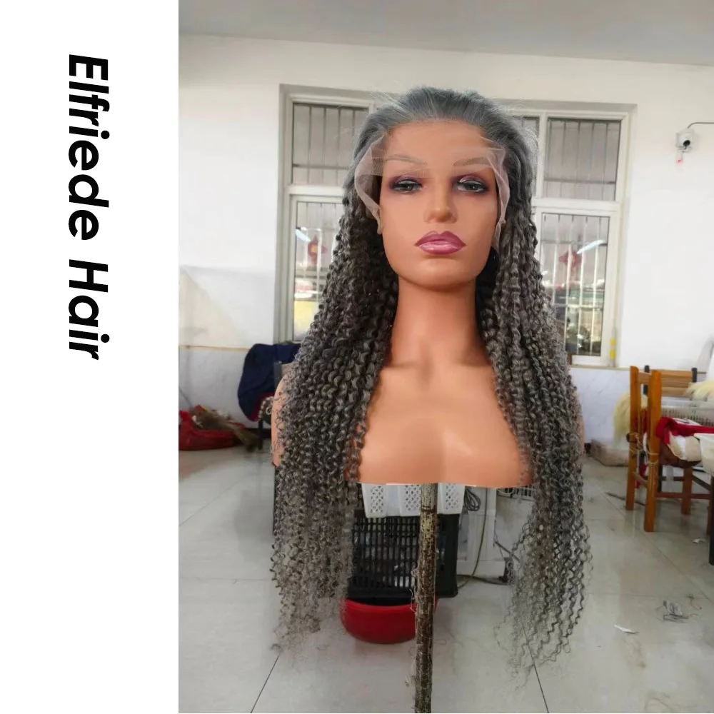 Elfriede Dark Grey Kinky Curly Lace Front Wigs for Women Curly Wig 4x4 13X4 13X6 HD Lace Frontal Wig 100% Remy Human Hair Wigs