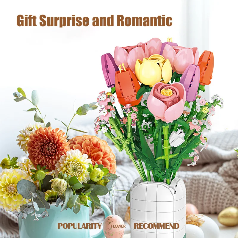 Creative 1011Pcs Rose Flower Bouquet Model Building Blocks Tulips Vase Plants Romantic Potted Home Decoration Bricks Toys Gifts