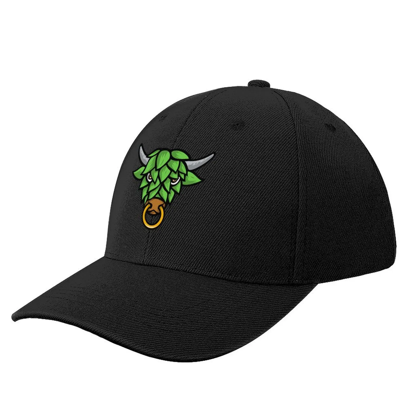 Green Short Horned Bull Head with Beer Hop Face Front View Mascot Color Retro Baseball Cap Snapback Cap Women's Hats Men's