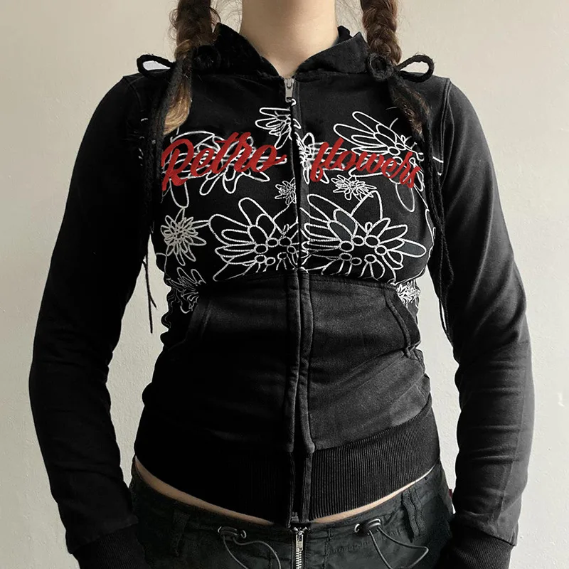 

Dark alphabet print hooded sweater in autumn and winter Europe and America spice girls fashion Joker zipper coat top.