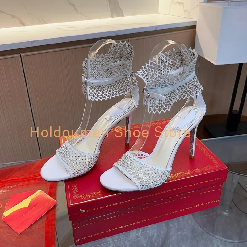 

Sexy Hollow Mesh Rhinestone Women's High Heels Party Prom Dance Peep Toe Sandals Bling Crystal Summer Stiletto Women's Sandals