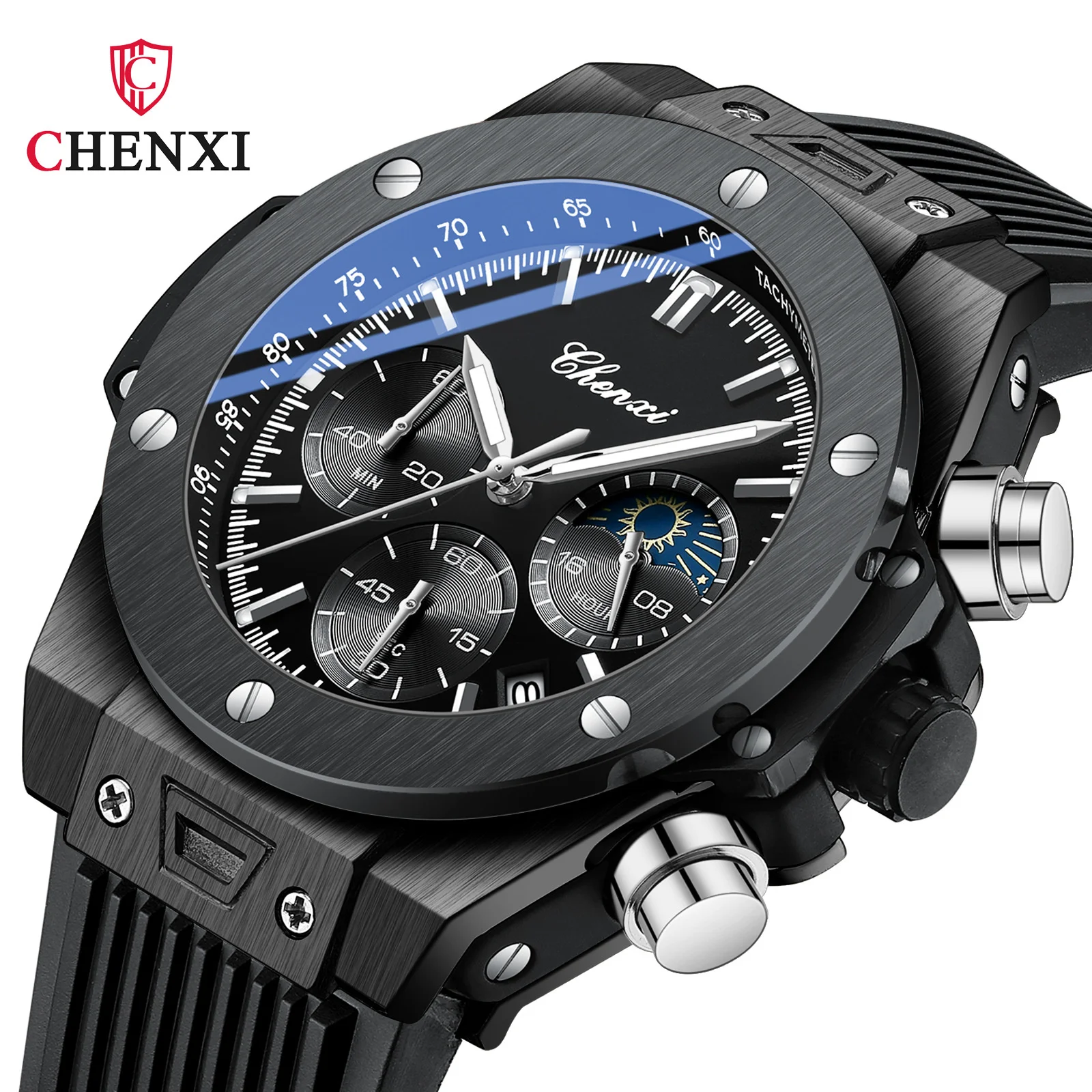 

CHENXI 939 Men's Quartz Watch New Fashow Rivet Cool Multifunctional Timing Calendar Black Silicone Band Watches Male for Gift