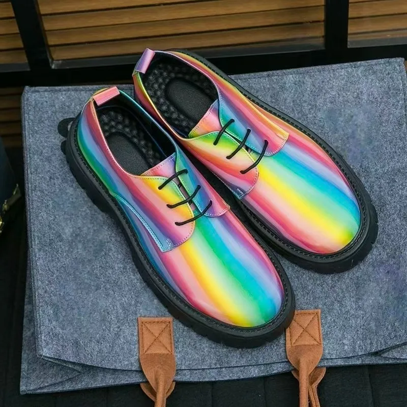 

New Rainbow Colored Men's Casual Leather Shoes with Lace Up Men's Derby Shoes Party Performances Outdoor Walking Sports Shoes