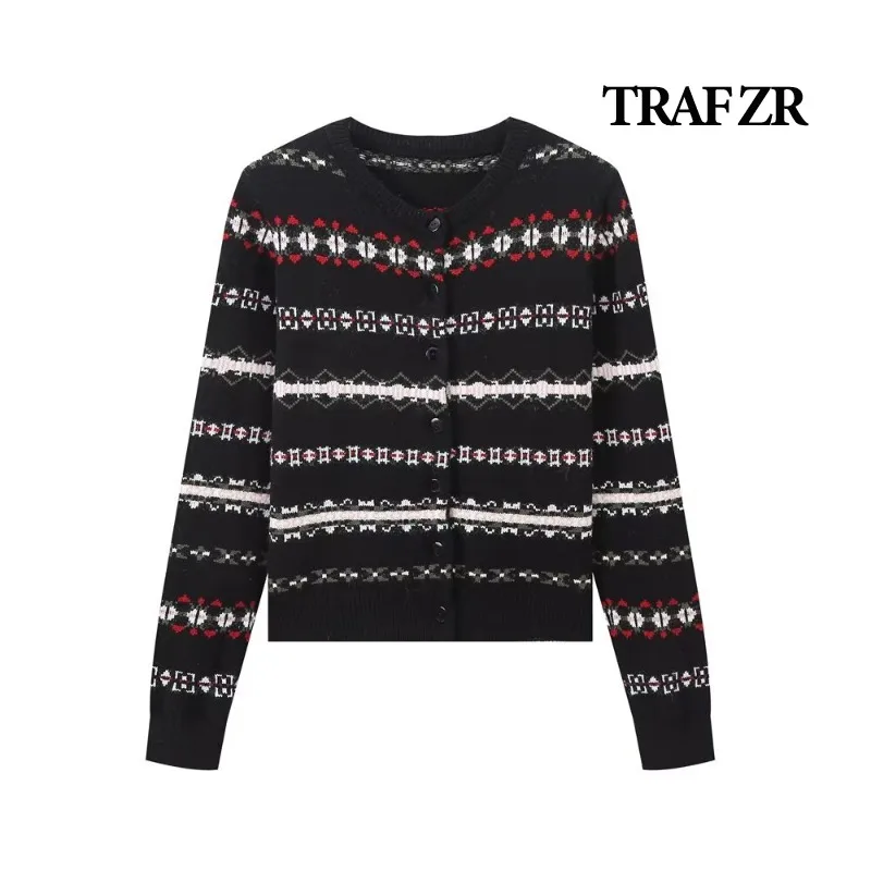 

TRAF ZR Cardigan Ladies Long Sleeve Knitwear Black O-neck Cardigan Harajuku Vintage Cozy Sweaters Women's Autumn Sweater