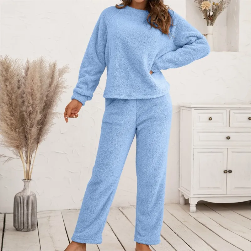 Herfst Winter Vrouwen Effen Pluche Warm 2 Stuks Set Fluwelen Fleece Set Pullover Broek Set Vrouwen Casual Pyjama Set Homewear Pak