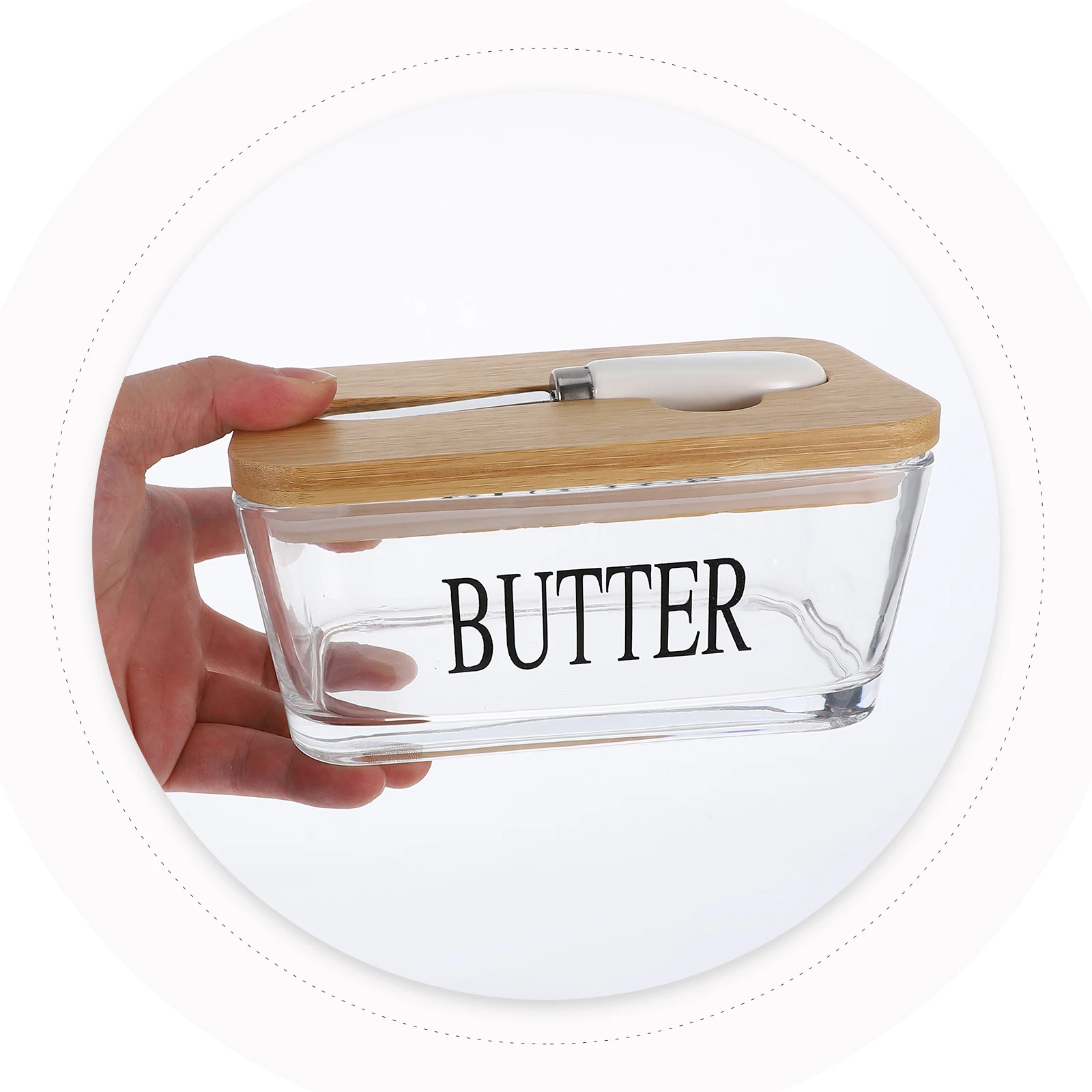 

Butter Box Glass Container Dish Saver Airtight Lid Vintage Bamboo Holder Cow Design Easy Clean Kitchen Utensil Set