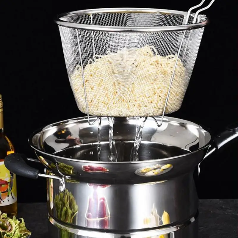 

Stainless Steel Fryer Pot with Strainer Basket and Handle Portable Multi-functional Deep Frying Pot for French Fries Seafood
