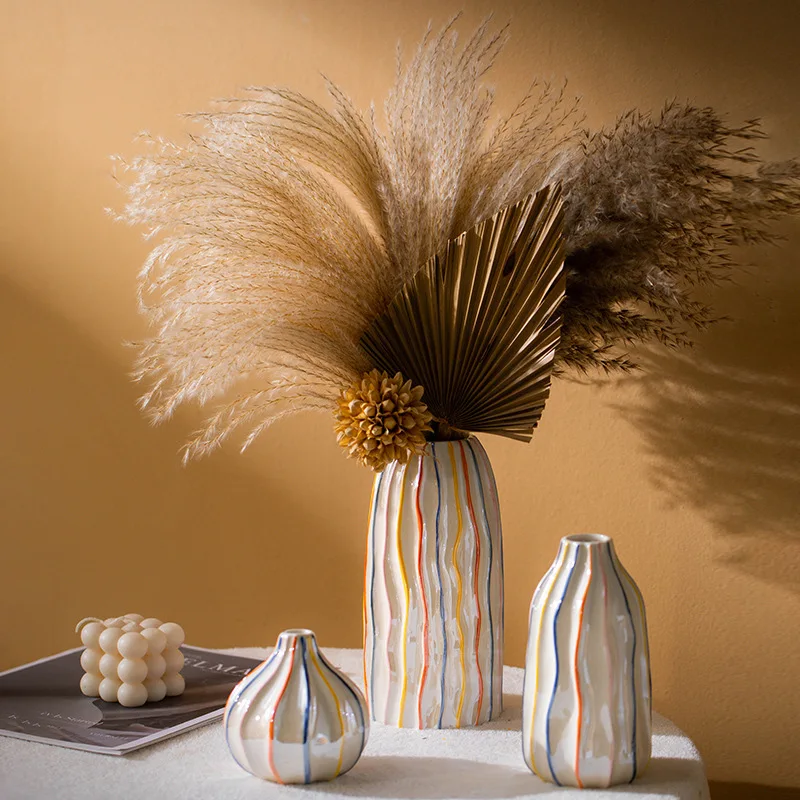 Colorful Stripe Ceramic Vase New Home Decor Centerpiece Mantel Living Room Decoration Flower Pot for Pampas Grass Flower