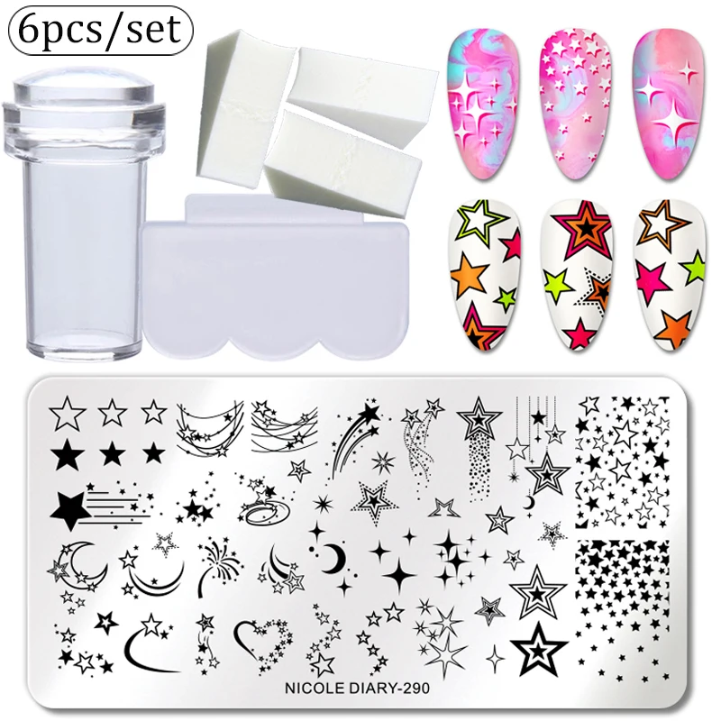 NICOLE DIARY 6pcs Nail Stamping Plate Winter Snowflake Print with Stamping Plate Stamper Scraper Sponge Stencil Tool Nail Kits