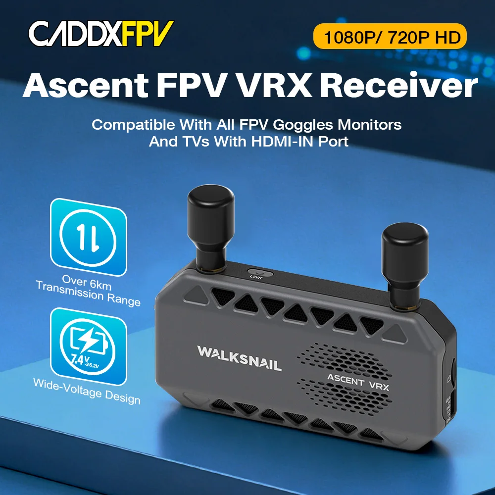 CADDXFPV Ascent VRX 5.8G HD FPV Receiver 35ms Ultra Low Latency 6KM Long Range Built‑in Recording for Drone Fixed‑wing RC Car