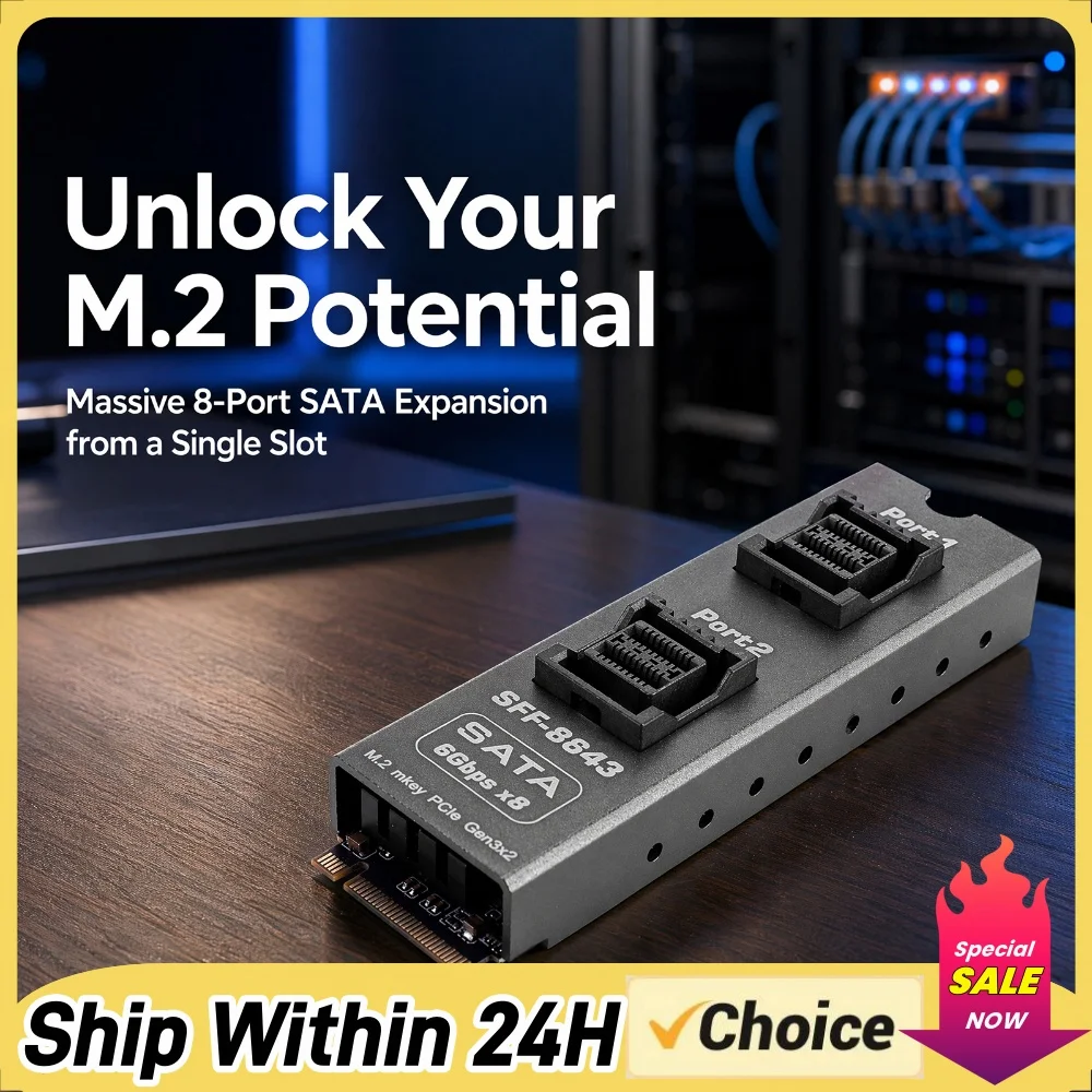 for M.2 for M-Key to 2xSFF-8643 SATA 6Gbps 8-Port Hard Drive Expansion Card Aluminum PCB Adapter for Desktop Server NAS Storage