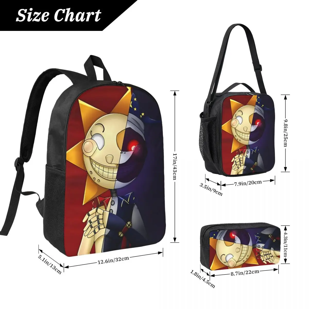 3 قطع/مجموعة حقيبة ظهر لفيلم الشمس والقمر للمراهقين FNAF حقيبة كتف حقيبة غداء مقلمة