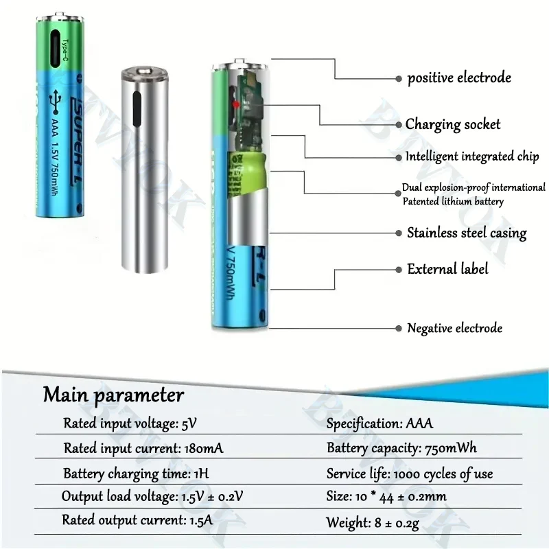 

1.5V AAA 750mWh USB rechargeable lithium-ion battery, used for remote control, mouse, small fan, electric toy battery, etc.