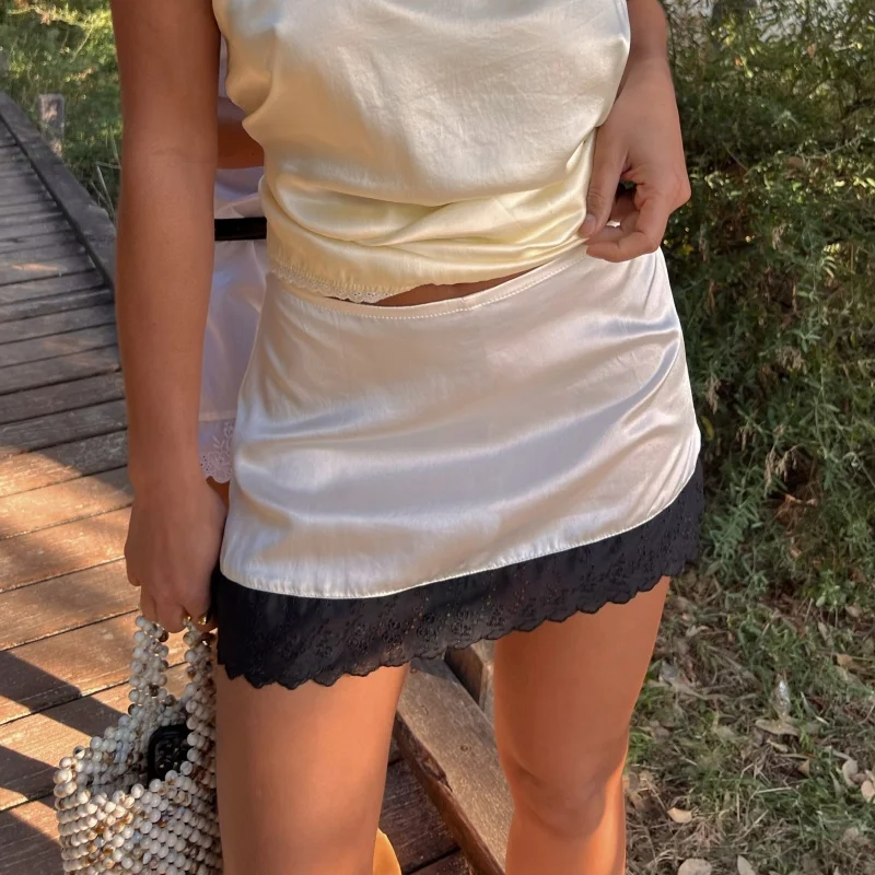 女性ミニスカートエレガントなローウエストレーストリムサマースカートクラブウェアデイリーパーティー用