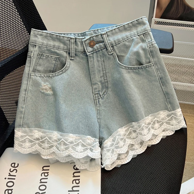 Vintage Women's Ripped Denim Shorts High Waist Lace Raw Hem Casual Skinny Jean Shorts Korean Fashion Sexy Summer Beach Shorts