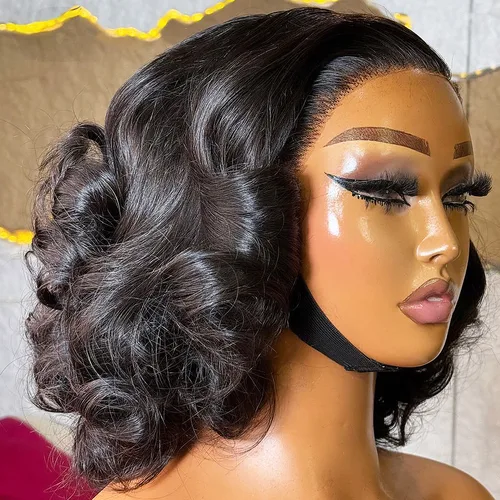 Imagen 1 del producto Pelucas cortas de cuerpo rizado hinchable, pelucas frontales de encaje virgen 13x4, peluca con malla Frontal 4x4 prearrancada, densidad de 230 con cabello humano de bebé