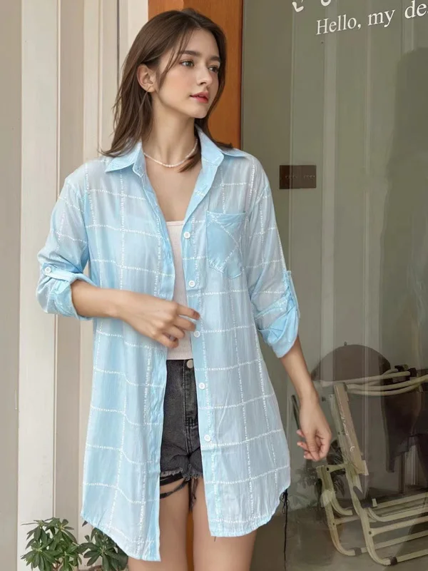Femmes Plaid Long Sve irt vêtements d'extérieur ample imprimé mi-long Protection UV col Polyester printemps Faion dames