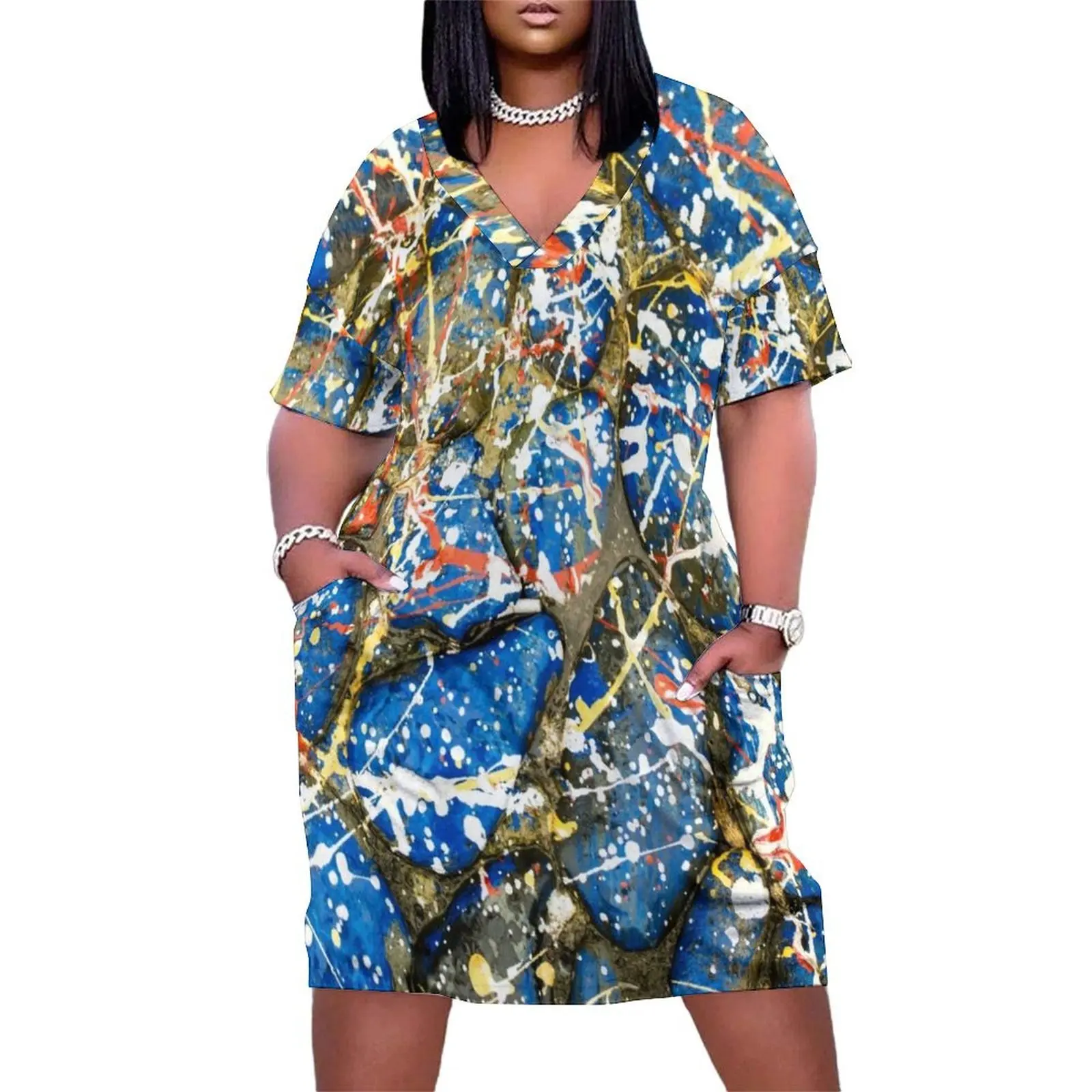 

Blue Paint Drip Stones Loose Pocket Dress Women's clothing wedding guest dress 2025