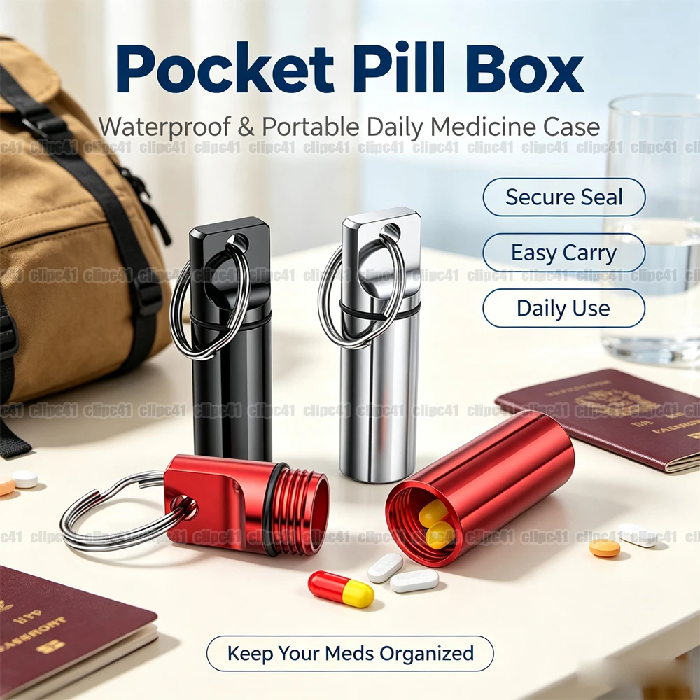 1Pc Mini Pill Box Keychain, Small Portable Pill Organizer Container, Waterproof Sealed Storage Pill Case for Purse Pocket Travel