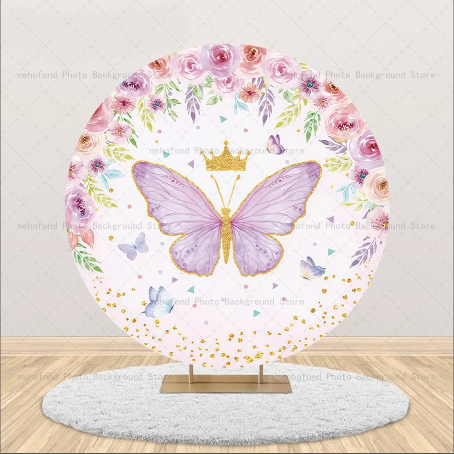 Mehofond Soft Fresh Butterfly Crown Circle Backdrop Cover Bridal Shower Round Elastic Floral Decor Cylinders Plinth Background