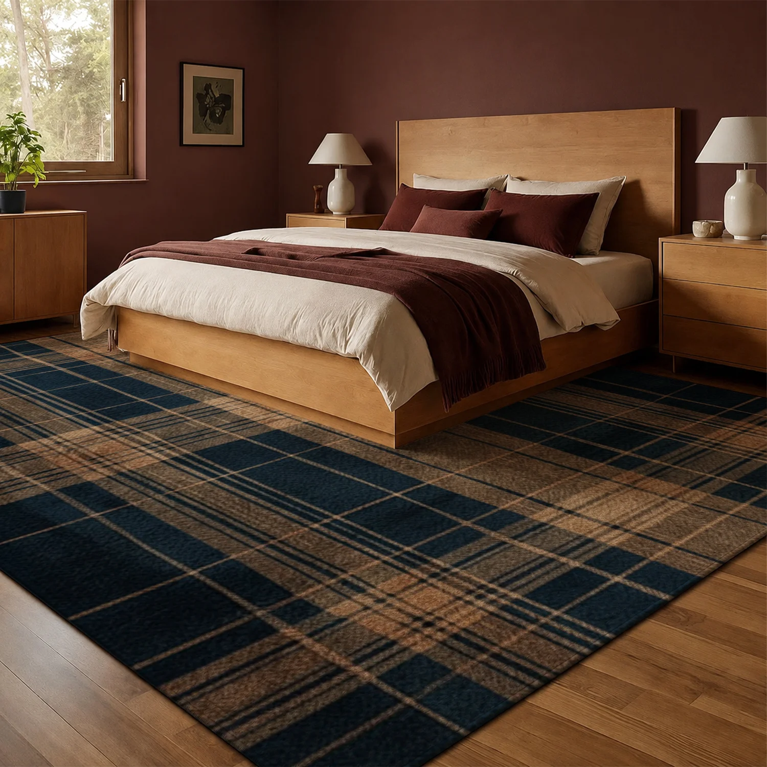 Large Indoor Area Rug, Soft Velvet Low Pile Non-slip Dotted Backing, Machine Washable Vintage Plaid Floor Rug for Living Room, Bedroom, Entryway – Navy & Tan Checkered Decor Rug