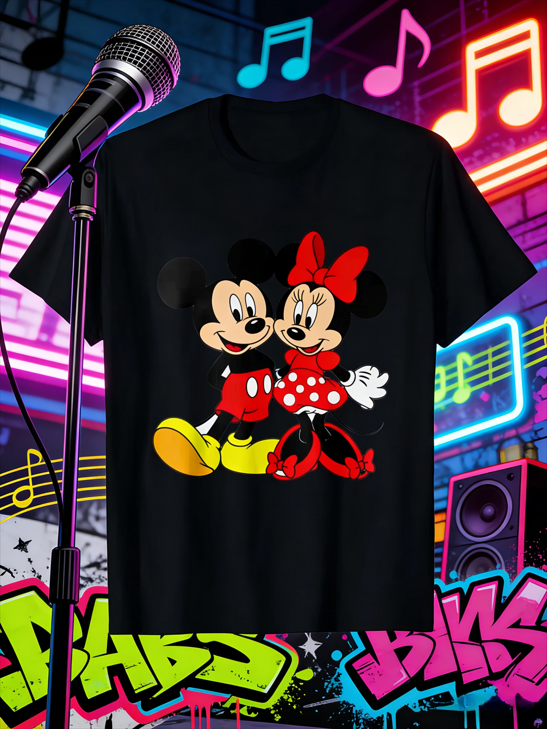 

Disney Summer Mickey and Minnie Mouse 100% Pure Cotton Printed Graphic T-shirts for Men and Women, Black Casual Streetwear Tops