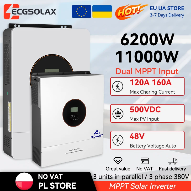 Inverter Ibrido Solare Flowatt 11Kw 48V BMS 230Vac con Doppio Ingresso 11000W Inverter Ibrido Solare con Regolatore di Carica MPPT 160A