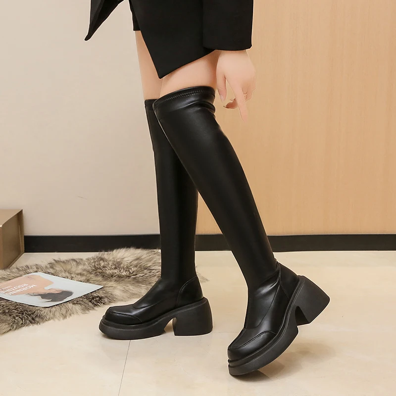 Botas altas sobre o joelho para mulheres, sapatos de plataforma, zíper traseiro, salto grosso, botas longas, moda, outono, inverno