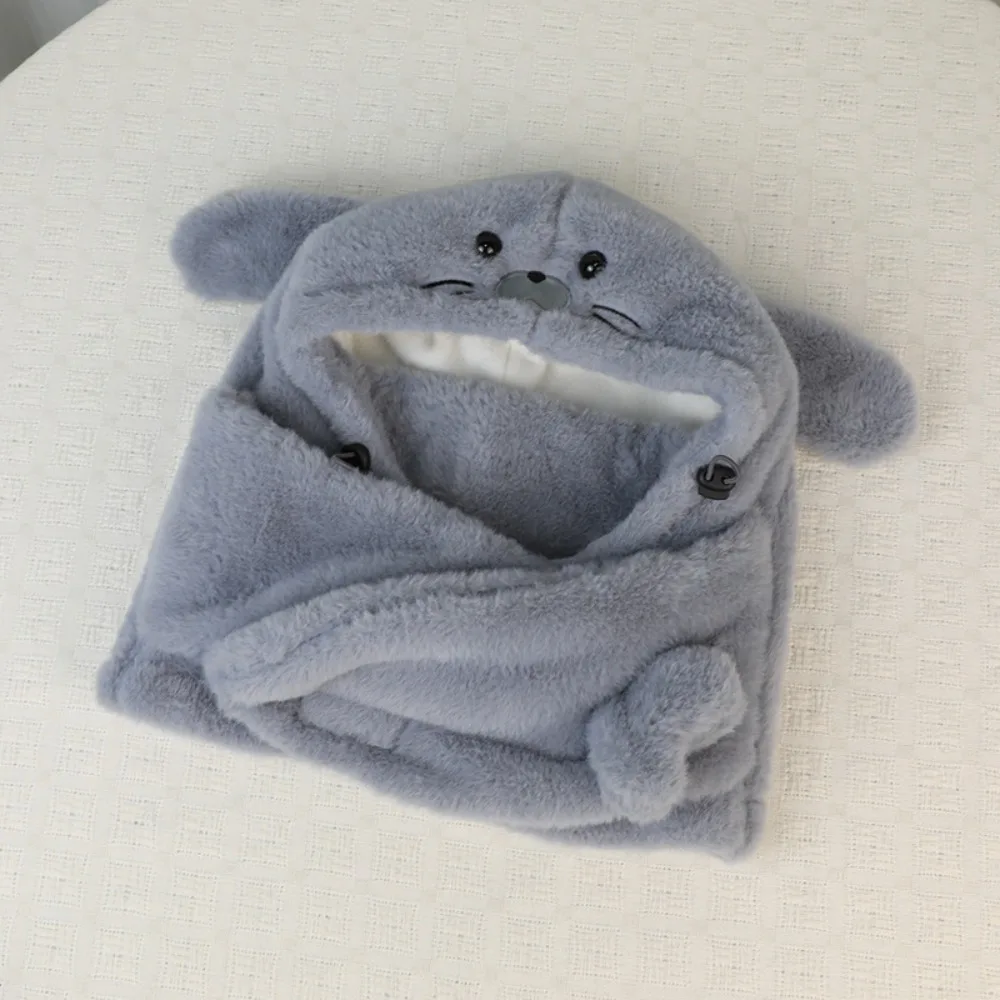 Simple Fleece Seal Plush Hooded Scarf Cute Solid Color Mask Pullover Hat 3 in 1 Soft Earflap Hat Female/Girls