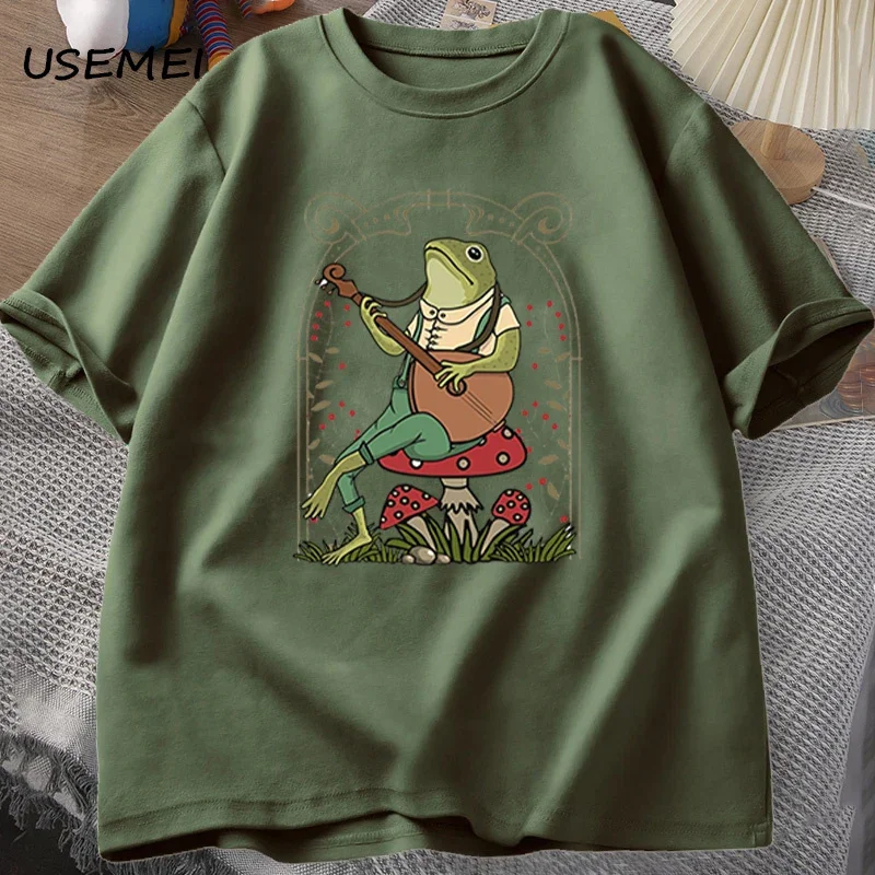 Cute Cottagecore Frog Playing Banjo T Shirts Men Women Cotton Funny Mushroom Naturecore T Shirt Summer Casual Short Sleeve Tees