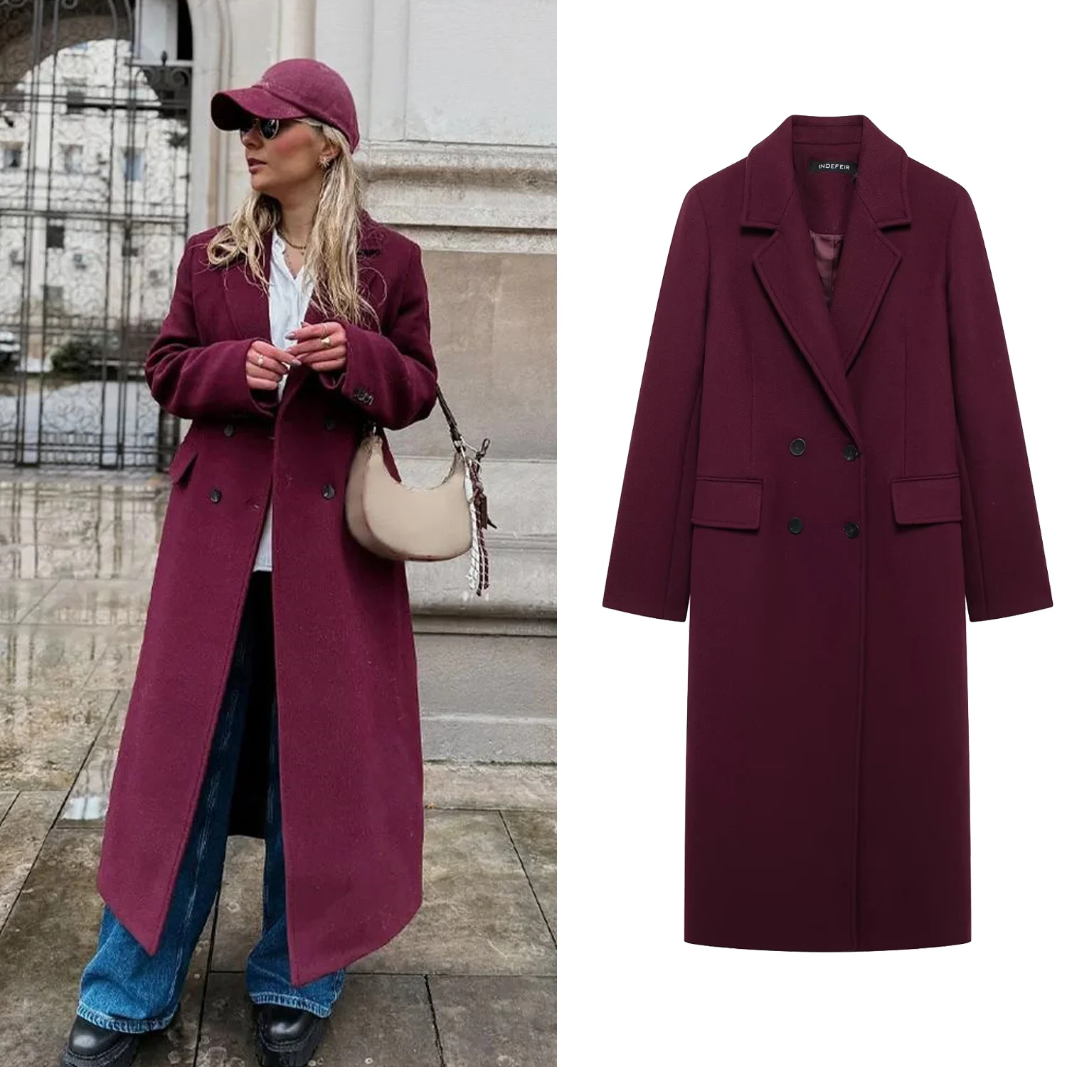 

Women Autumn Winter Turn-Down Collar Long Sleeves Pockets Double Breasted Coat Female Fashion Casual Woolen Long Coat Streetwear
