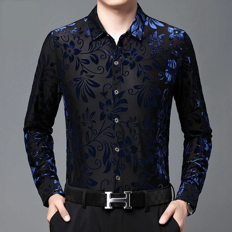 Exquisite Fashion Casual Shirts For Men Hollow Lace Long Sleeved Spring Quality Velvet Soft Comfortable Luxury Camisas De Hombre