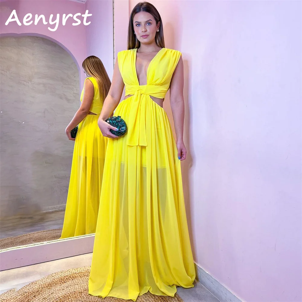 Aenryst Yellow V Neck Spaghetti Strap A Line Prom Dresses Chiffon customized Evening Dress Floor Length Formal Occasion Gowns