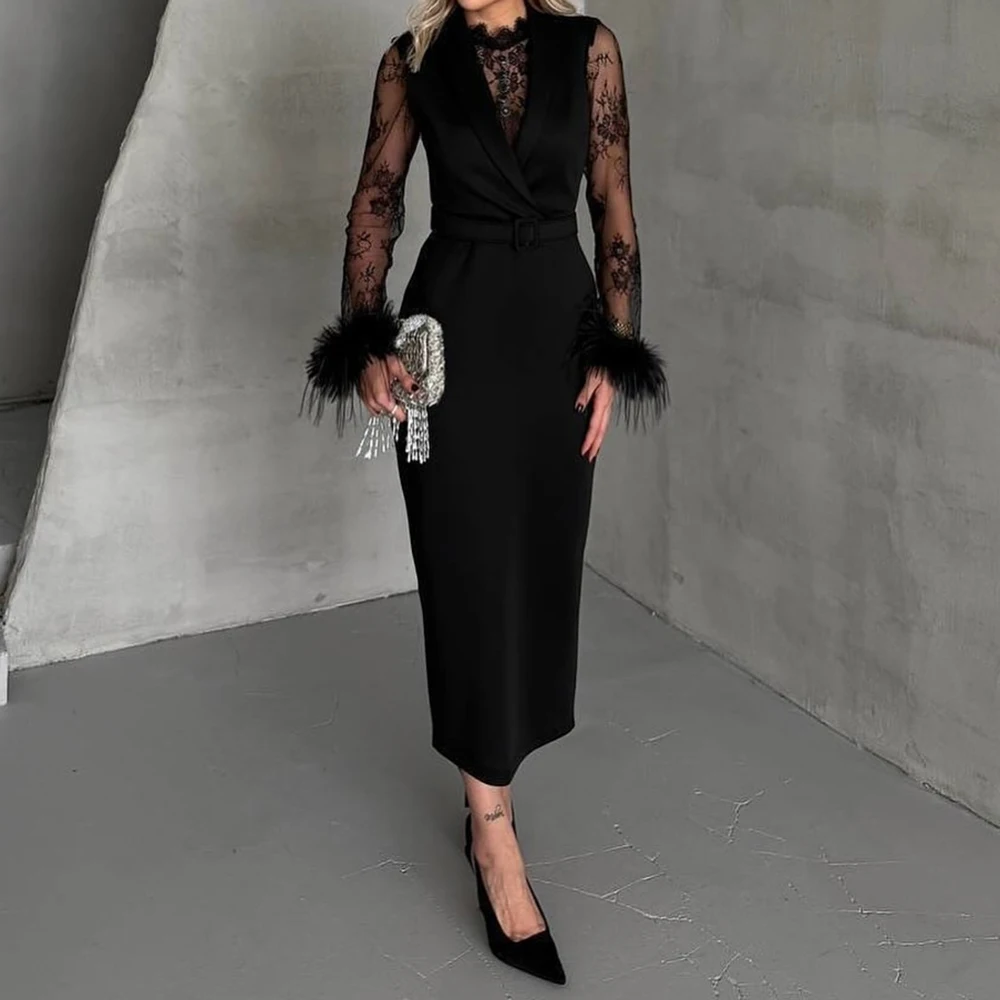 

Customized Straight Evening Dresses Tea-length High-neck Full Sleeve Prom Gown Simpel Fashion Lace Feathers Casual Party Gown