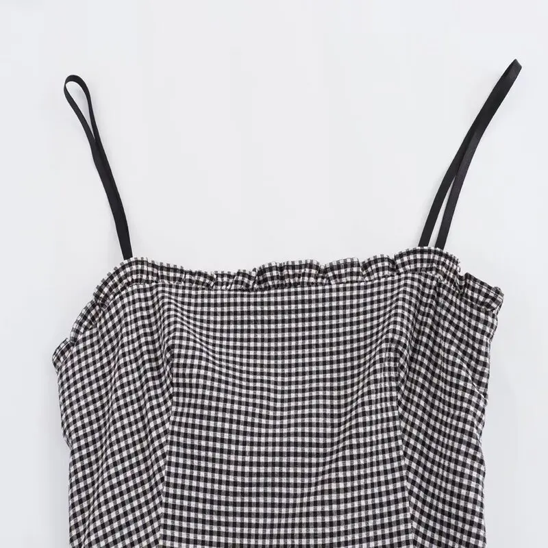 Été nouveau doux rétro coupe ajustée taille cintrée sangle à carreaux Dr petite taille Sexy Sle No Sve autre matériau pièce unique