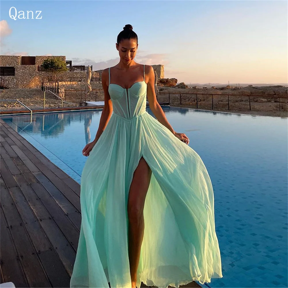 

Qanz Beach Chiffon Prom Dress Mint Green Long A Line Vestidos De Gala Spaghetti Straps High Side Slit Birthday Dresses Luxury