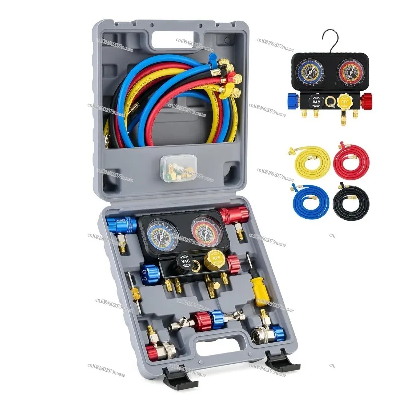 

R1234yf AC Gauge Set, 4 Way AC Gauges W Hoses R1234yf R134a Quick Couplers Self Sealing Can Tap for Freon Charg