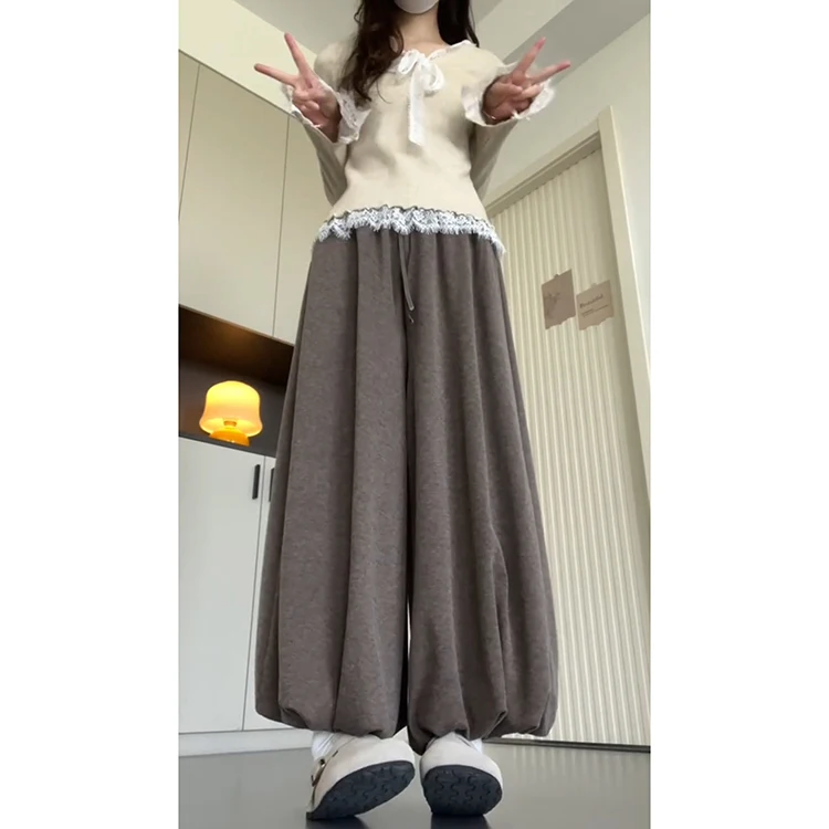 Khaki Faul Gestrickte Reis Nudel Hosen Rock frauen Hohe Taille Lose Beiläufige Frühling Herbst Neue Sle Breite Bein ket hosen