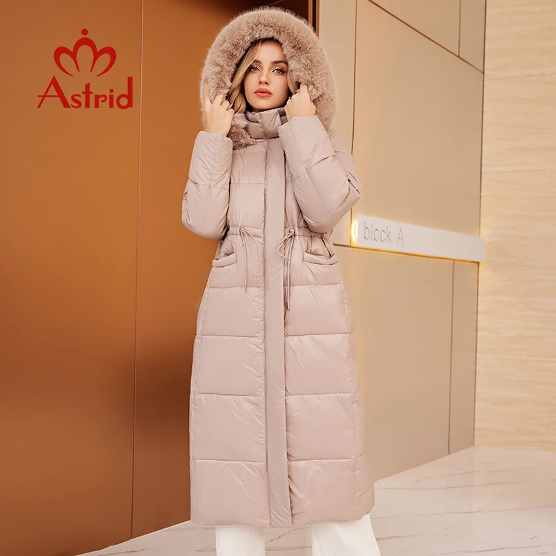 Astrid Women\'s Winter Parka Coats with Natural Fur Collar Hooded Belt Long Quilted Jackets Thick Warm Female Padded Overcoat