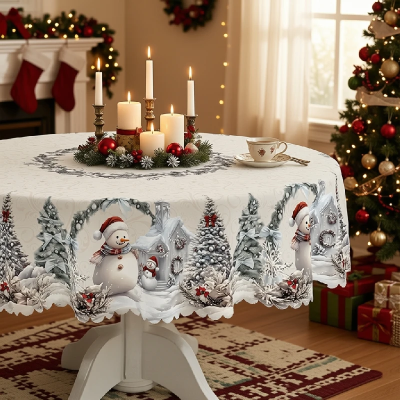 Winter Snowman Village and Fir Tree Printed Tablecloth for Christmas Dining Room Decor polyester, washable, clearance sale