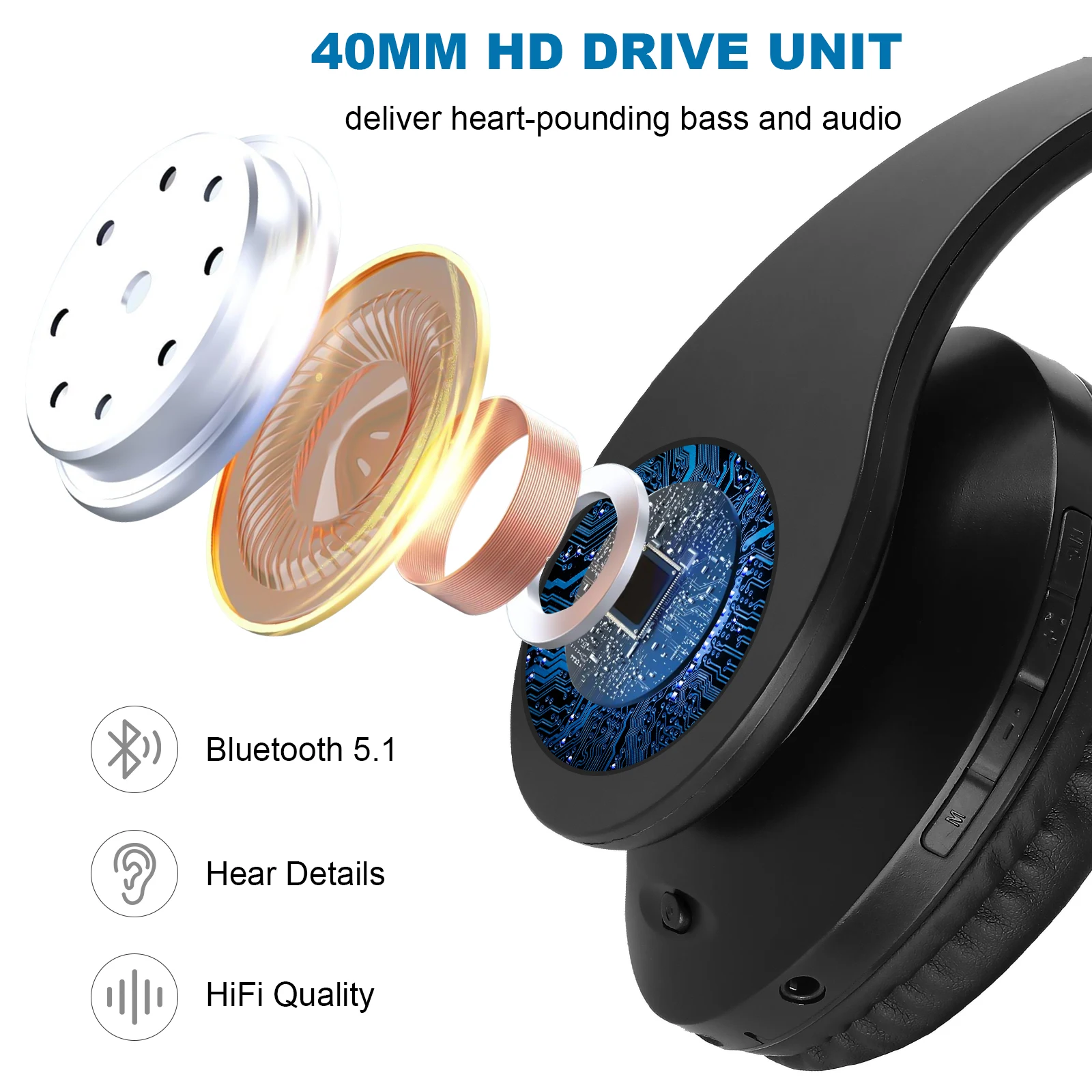 Siindoo JH-812 Black Bluetooth Headphone Foldable Stereo Music Earphones FM and Support SD Card with Mic for Mobile Samsung PC