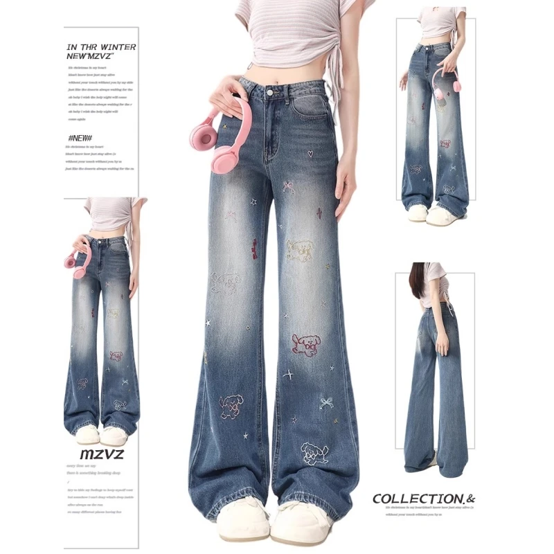 

Embroidery Womens Jeans High Waist Straight Baggy Denim Pants Blue Female Europe America Fashion Y2K Wide Leg Denim Trouser