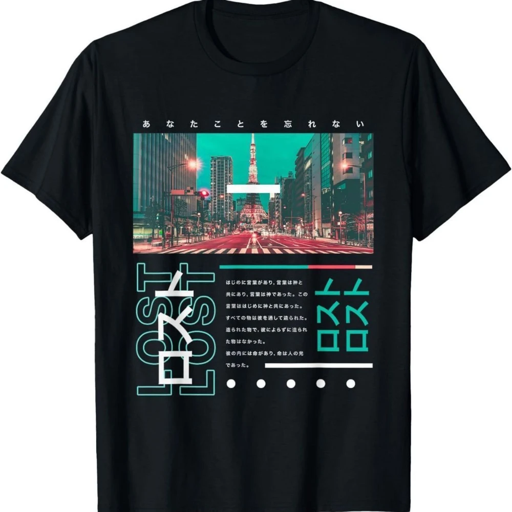 Camiseta gráfica Cyberpunk Tokyo para hombre, corte regular, manga corta, paisaje urbano neón, arte con texto japonés, estilo retro urbano, top informal