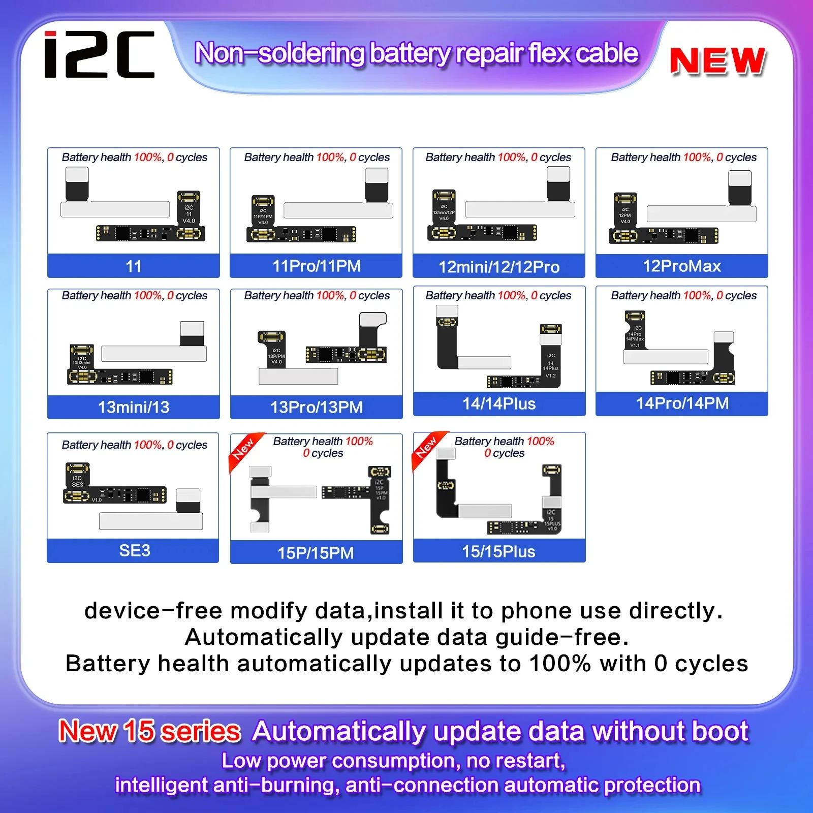 I2C Battery Repair External Flex Cable Non-soldering For iPhone 11 12 13 14 15 Pro Max Modify Battery Health 100%