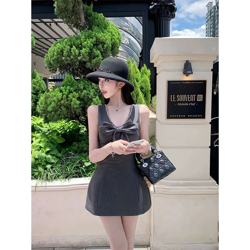 MEXZT Elegant Bow Mini Dress Women Party Beading Patchwork Sleeveless Dresses Summer Vintage Sexy V Neck Bodycon Design Vestidos