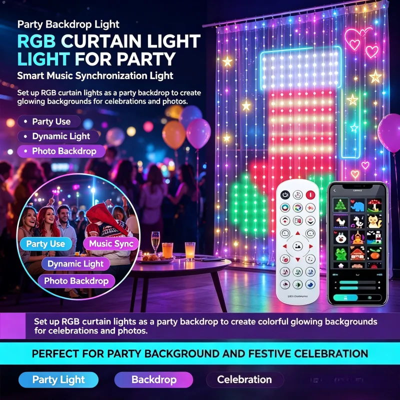 リモコン操作可能なrgbカーテンライト。タイマー機能、音楽連動機能付き。リビングの背景壁やクリスマスパーティー、ホリデーシーズン、ご自宅の装飾に最適。