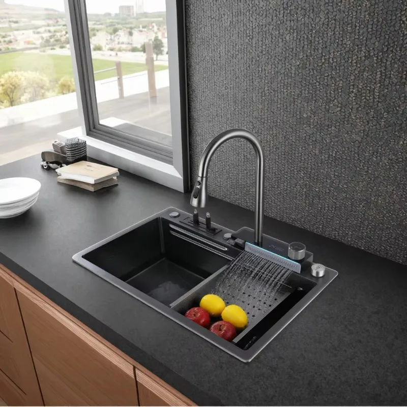 

Single Bowl Kitchen Sink Set Stainless Steel Nano Surface Waterfall Design Rectangular Dish Rack Easy Counter Installation