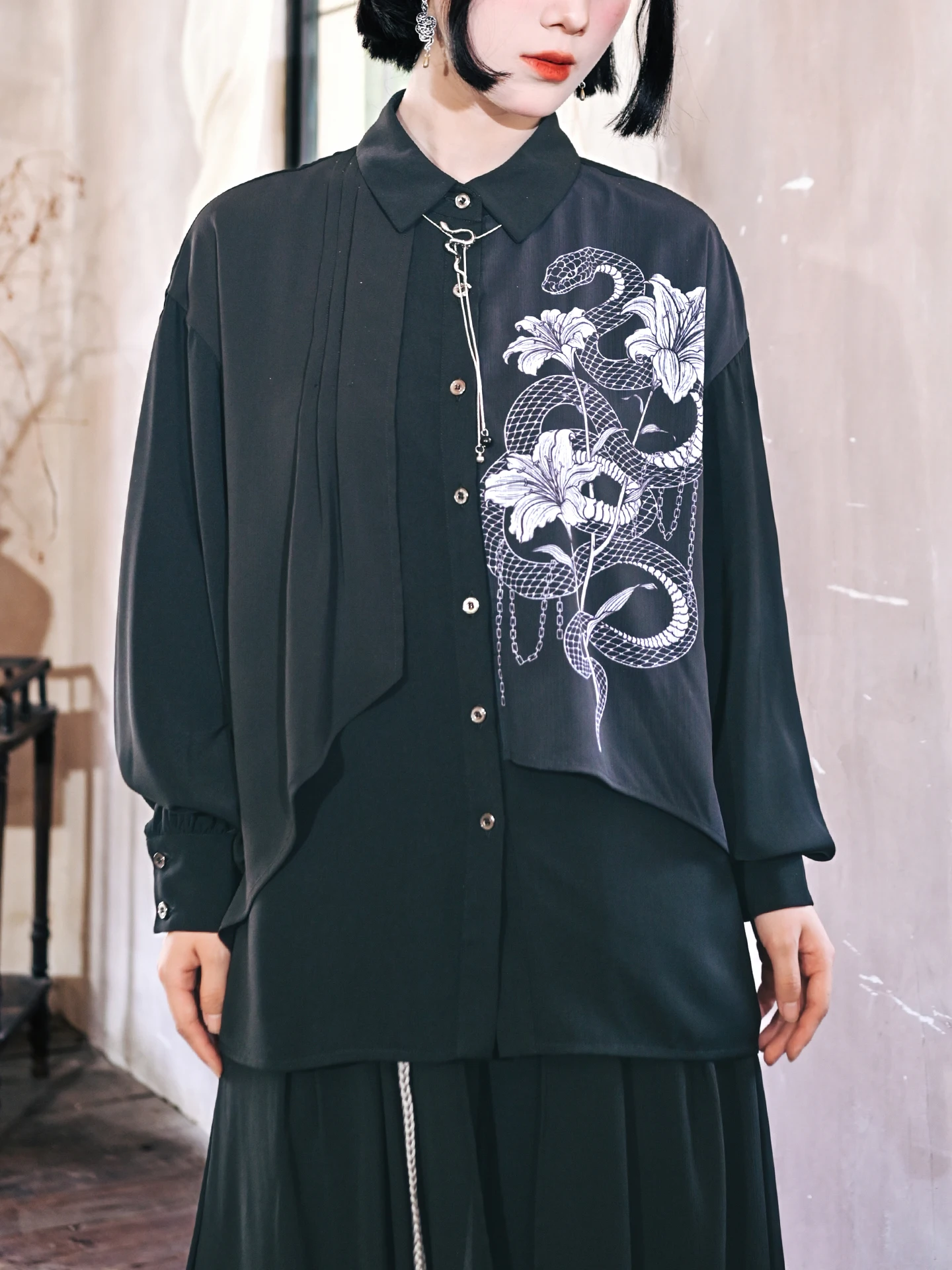 K chinois Sle Double couche imprimé irt Design lanterne Sve Patchwork flocon de neige haut femmes coupe ample longue Sve Blouse