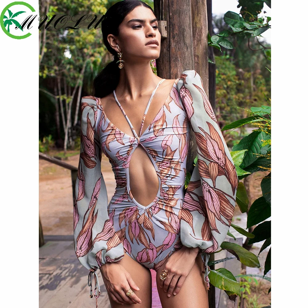 MUOLUX 2024 Summer New Sexy Gathering One piece Printed Bikini Swimwear Women\'s Long sleeved Swimwear Beach Vacation Swimsuit