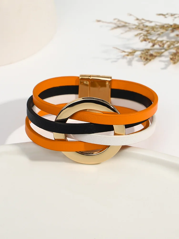 ALLYES Fashion Hollow Circle Wrap Leather Bracelet for Women Men Gothic Multilayer Orange Black Halloween Bracelet Party Jewelry